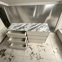 Commode à 6 tiroirs en marbre Arabescato, laque beige moderne, pour le rangement de la chambre à coucher