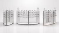 Kiosque d'exposition de lunettes personnalisé double face avec étagères incurvées en acrylique, base LED et miroir d'essayage pour boutique d'optique
