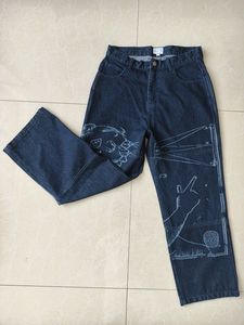 Jean en denim pour homme à double genouillère, coupe ample, en coton épais, indigo délavé, imprimé graphique, style décontracté, artisanal, sur mesure, OEM - Product Image 5