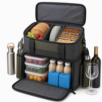 Sac isotherme de pique-nique double compartiment gris-vert avec poches à couverts et porte-bouteille pour repas en famille en extérieur