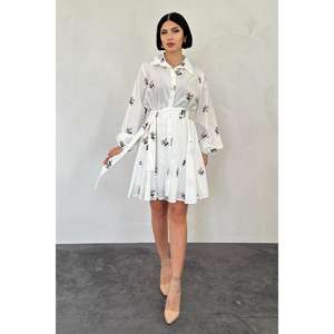 Wholesale Mustard Embroidered <b>Handkerchief</b> Dress Natural Waist Turn-down Collar Floral Print Shirt Dress Breathable Casual - Product Image 3