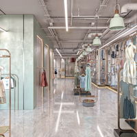 Présentoir brutaliste pour magasin de vêtements au détail de luxe Mobilier de boutique personnalisé Surface en acier inoxydable OEM/ODM Vêtements en bois
