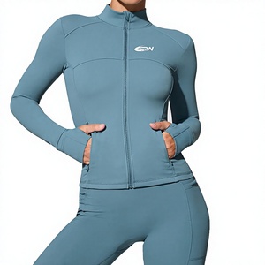 Chaqueta de yoga transpirable de doble cara de secado rápido de manga larga y corte ajustado para mujer con logo frontal, conjunto de 2 piezas con cierre de cremallera - Product Image 1