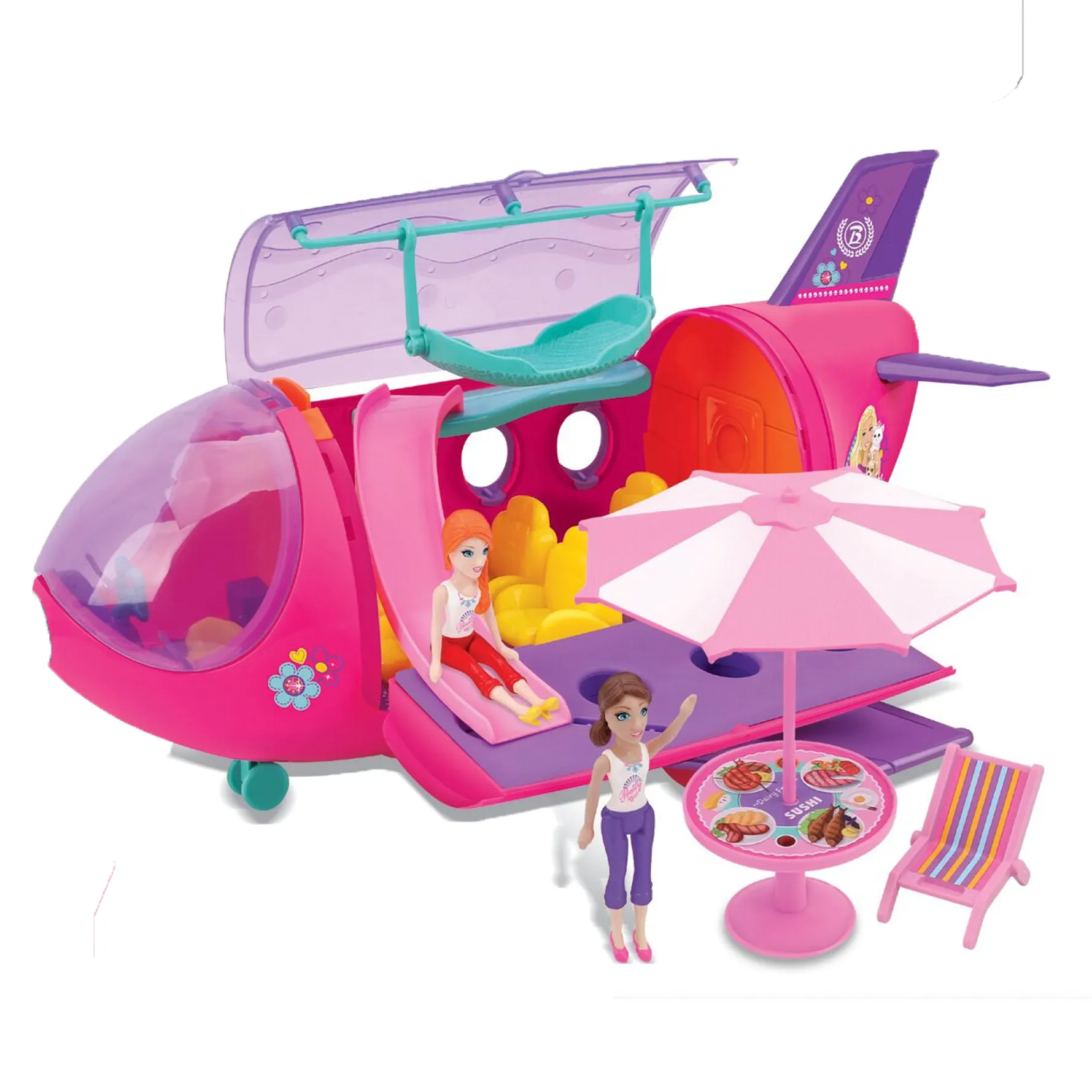 Ensemble de jeu Offre Spéciale jouet d'avion de ligne en plastique de haute qualité avec deux mini poupées fille et ensemble de jouet d'avion de parapluie de soleil pour fille