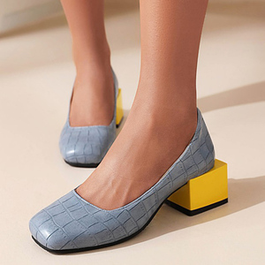 Escarpins à talons carrés bas pour femmes, grande taille 48, à bout carré, imprimé pierre, pour le bureau et les occasions habillées - Product Image 1