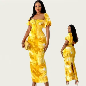 Boskims Women's 2024 Summer Maxi Dress High Quality Puff Sleeve Square Collar Print Split Skirt Length Elegant Dress