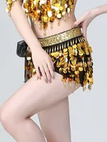 Falda corta de lentejuelas para danza del vientre, cinturón de chifón, cadena para la cintura, envoltura brillante dorada para mujer, disfraz de carnaval para escenario