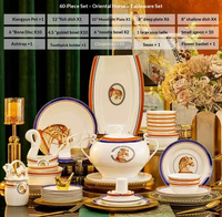 Service de vaisselle en porcelaine fine or et bleu avec bordure dorée, motif cheval oriental, compatible lave-vaisselle et four, haute teneur en os, idéal pour la maison, les banquets et comme cadeau.