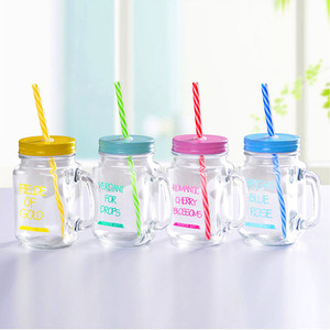 16oz đầy màu sắc thủy tinh vuông <span class=keywords><strong>Mason</strong></span> <span class=keywords><strong>Jar</strong></span> Mug với kim loại vít cap xử lý rơm cho nước khoáng cà phê nước trái cây - Product Image 1