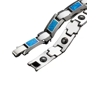 Poya High Polished Mens Womens Unique Blue Opla Inlay Tungsten Magnetic Bracelet