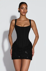 Robes de soirée chic pour femmes, mini-robes sexy à sequins, patchwork, épaules dénudées, dos nu, taille cintrée, coupe ajustée - Product Image 4