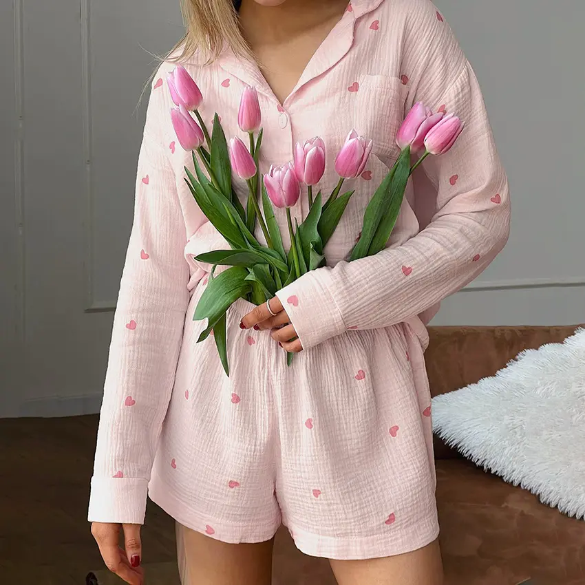 2024 Eenvoudige Herfst Katoenen Linnen Geplooide Top Met Lange Mouwen En Korte Loungekleding Designer Pyjama 'S Voor Dames Nachtkleding