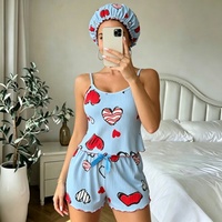 Ensemble pyjama grande taille P588 imprimé cœurs bonbons pour femme, caraco côtelé et short avec bonnet de douche, vêtements d'intérieur et de nuit