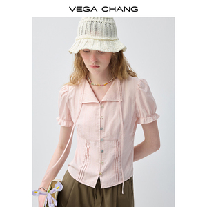 Chemisier rose clair à manches bouffantes VEGA CHANG pour femme, col en V avec cordon de serrage, chemise décontractée, vente en gros - Product Image 5