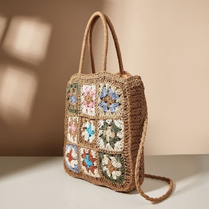 Bolso de Verano Boho Tejido <span class=keywords><strong>a</strong></span> Mano con Flores de Ganchillo, Bandolera <span class=keywords><strong>a</strong></span> Cuadros, Bolso de Mujer Rústico, Bolso de Playa de Paja - Product Image 3