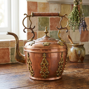 Vintage Tea Kettle With Brass Accents And <b>Lid</b> Metal Water <b>Pot</b> Decorative Kitchenware - Product Image 2