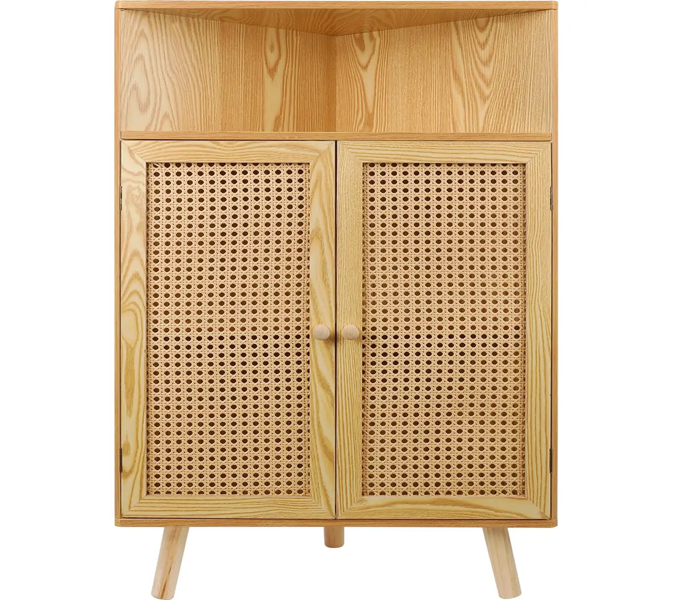 Угловой шкаф с дверным органайзером, небольшой угловой стол из ротанга, автономный угловой стол в небольшом пространстве