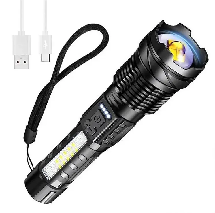 Taschenlampe wiederaufladbare Taschenlampe LED Zoom Fokus-Leistungsanzeige Handtaschenlampe Typ C wiederaufladbares Licht für Camping