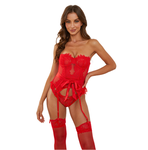 Ensemble de lingerie corset en dentelle rouge personnalisé, bustier sans bretelles, porte-jarretelles avec bas, ensemble de nuit 3 pièces, fabricant OEM - Product Image 1