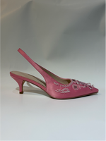 Escarpins personnalisés roses en satin pour femme, à bride arrière, broderie perlée, bout pointu, talon chaton, élégants pour mariage, mariée, soirée ou cérémonie