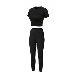 Ensemble de tenue de yoga pour femmes, taille haute, côtelé, 2 pièces, marron, col rond, sans couture, respirant, anti-transpiration, séchage rapide, uni - Product Image 1