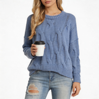 Pull-over en maille ajourée douce pour femme, col rond, épaules tombantes, torsadé, bleu poussière, marque privée