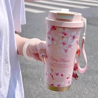 Cherry 600ml Isolierter Vakuum-Kaffeebecher Doppelwandiger Edelstahl-Becher mit Auslaufsicherem Deckel Trageriemen für Heiße und Kalte Getränke