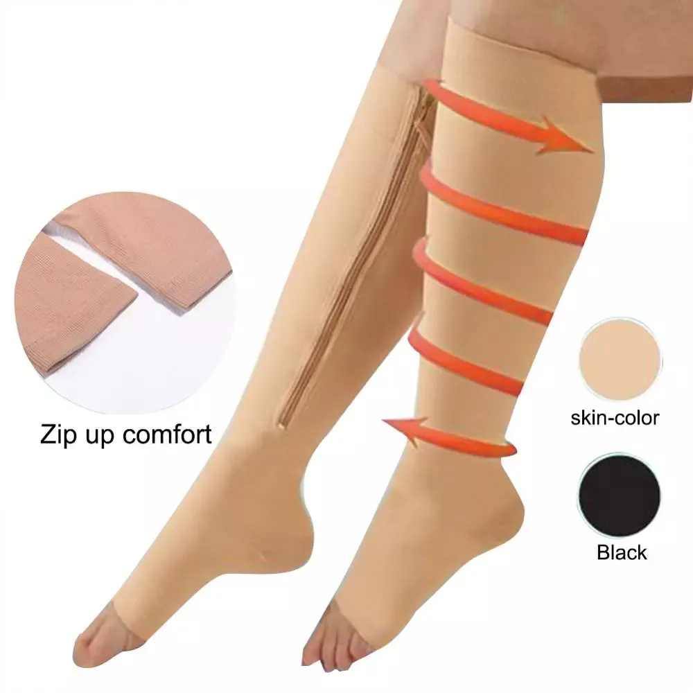 Compression Socks Men Women Support Knee Zipper Socks Female Open Toe Thin Anti-Fatigue Stretchy High Sport Socks Unisex