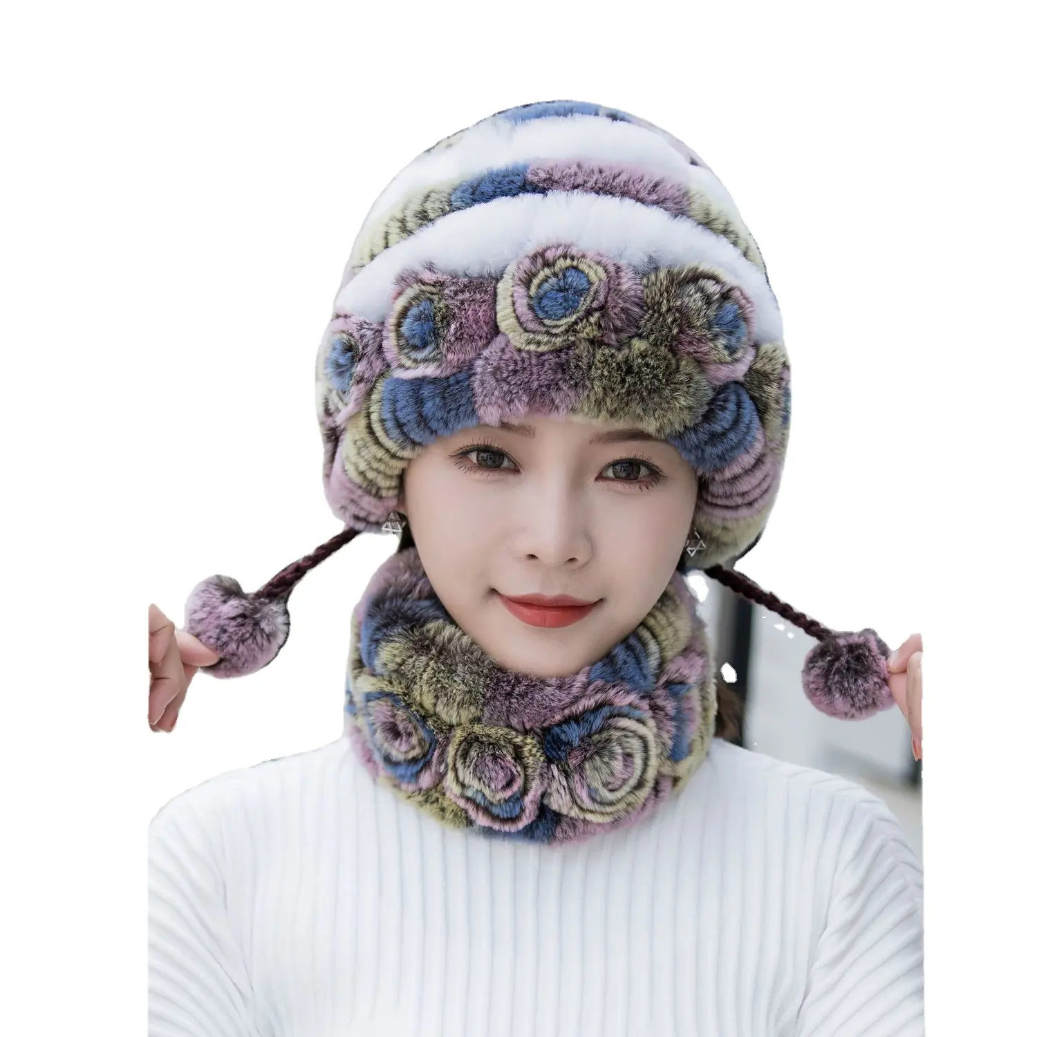 Factory price warmth antistatic Hand Knitted Women Knitted Cap Scarf Set for winter