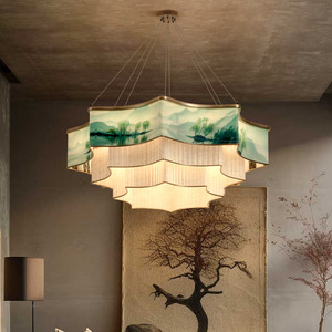 Lustre avec bambou peint et design paysager, forme ovale, lumière LED pour salon, hall, style zen - Product Image 3