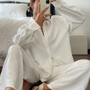 Bộ Đồ Hai món cho nữ áo thường ngày màu trơn quần ống rộng dáng rộng mùa xuân mùa thu bền may áo sơ mi dễ dàng - Product Image 4