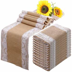 Chemin de table en jute décoré de dentelle des deux côtés pour mariage, fête, banquet, décoration de table - Product Image 1