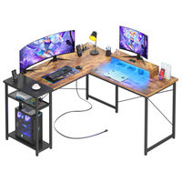 Bureau PC d'angle en forme de L en bois et métal avec support de moniteur lumière LED pour bureau à domicile ou hôtel grand bureau pliant pour 2 personnes