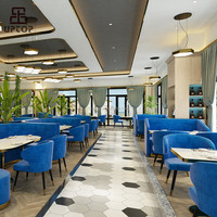 Maßgefertigtes Restaurant-Möbelset U-förmiges Blaues Ledersofa-Set Halbrundes Design Sitzbank und Kunstmarmor-Tisch