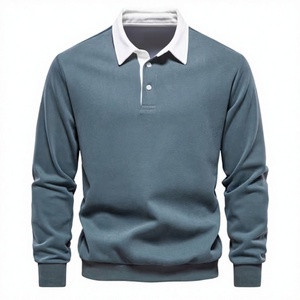Sweat-shirt polo à manches longues pour homme, col polo blanc contrastant, patte de boutonnage à deux boutons, pull décontracté, coton doux et confortable - Product Image 1