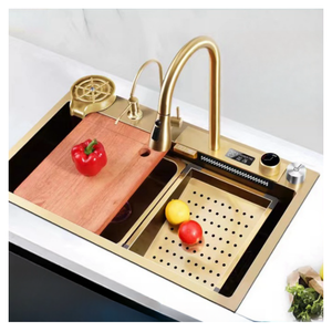 Ensemble d'évier de cuisine Libert C, robinet cascade à affichage numérique Black Shark, acier inoxydable 304, évier simple à poser, garantie 5 ans - Product Image 1