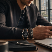 Promotion Luxe Ensemble Montre et Bijoux Homme 5 Pièces, Montre-Bracelet Chronographe à Quartz en Cuir Noir Fait Main, Bracelet Tressé Infini, Cadeau