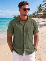 Chemises à manches courtes en lin/coton à col cubain pour hommes, style sportif uni, coupe ample, pour le printemps et les vacances à la plage