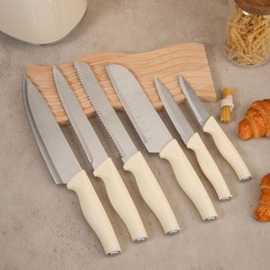 Ensemble de 7 couteaux de chef, de tranchage et de dégrossissage en acier inoxydable beige crème, avec bloc ovale en forme de galet, 6-7,9 pouces, 30Cr13 poli - Product Image 4
