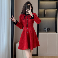 Robe courte élégante pour femmes, à manches longues, col à nœud, en tweed, coupe évasée, pour l'automne et l'hiver, occasions décontractées et de fête