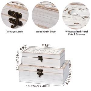 Juego de 2 cajas de madera para joyería, estilo rústico, con tapa con bisagras <span class=keywords><strong>y</strong></span> diseño tallado, color blanco. - Product Image 2