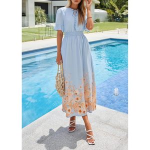 FOXA Women's Boho Floral Maxi Dress Short Sleeve <b>Tie</b> Neck Elastic Waist A-Line Flowy Beach Summer Casual Dress - Product Image 6
