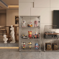 Vitrine modulaire en verre style USM avec cadre en métal chromé et base verrouillable, présentoir multi-grilles pour figurines et objets artisanaux