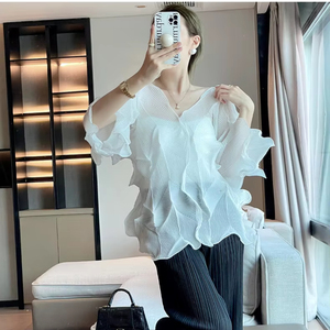 Camicette alla Moda Plissettate Casual T-shirt di Alta Qualità Arricciata Delicata Sottile Protezione Solare Top Bluse - Product Image 1