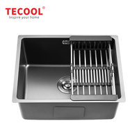 Évier de bar en acier inoxydable SUS304 noir nano, fait main, à encastrer, à cuve unique, avec égouttoir pliable pour petite cuisine, vente en gros