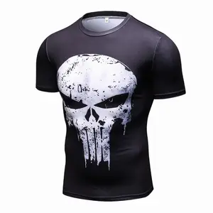 Men's tights strong stretch short sleeve T-shirt Punisher skull digital printed sports fitness clothes