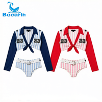Ensemble bikini rayé color block à manches longues, haut court à nouer devant, bas échancré avec ceinture et imprimé lettres, maillot de bain deux pièces