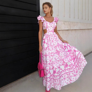 Vestido Largo Estampado con Aberturas para Mujer Estilo Europeo-Americano, Cuello Corazón, Mangas con Volantes, Cintura Imperio, Estilo Casual Diario Transpirable - Product Image 3
