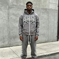 Ensemble assorti décontracté en molleton à capuche 100 % coton épais, coupe ample, avec motif graffiti gris personnalisé et rayures éclair en strass, OEM