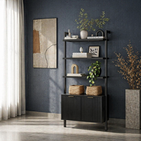 Meuble de rangement autoportant en bois massif noir de style rétro français pour salon, avec étagère ouverte